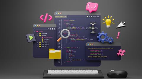 An illustration of a computer screen with 3D icons floating around it
