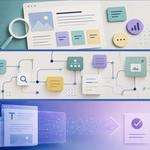 Abstract illustration of website pages, search, navigation, and content signals arranged as a visual metaphor for AI-assisted web content strategy.
